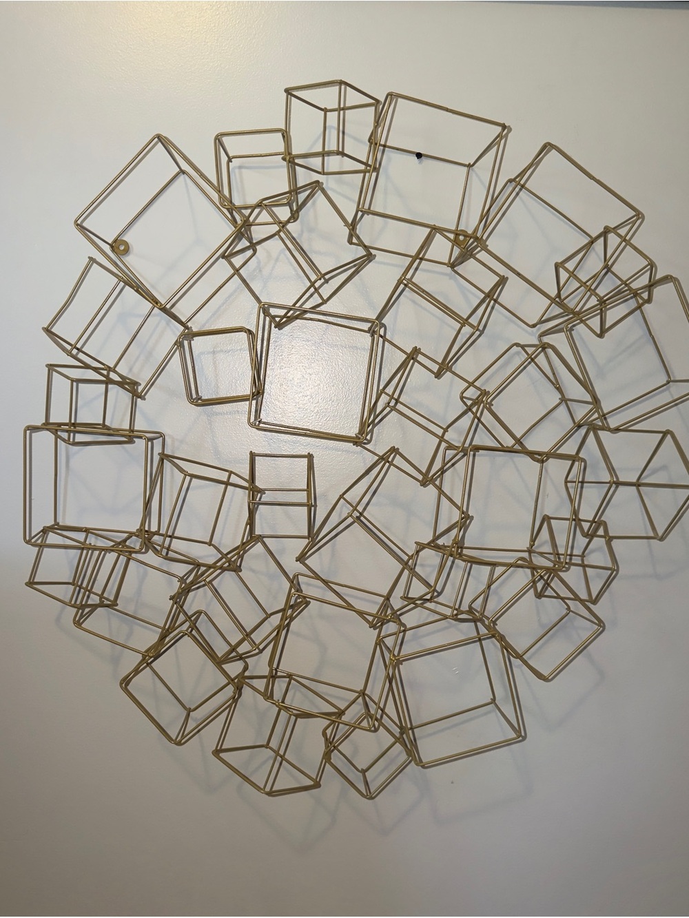 Mid-Century Modern Gold Metal Wall Art Geometric Cube Wire Sculpture
